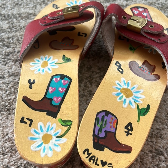 VTG Dr Scholls Hand Painted Floral Western Cowboy Boot EUC Wood Sandals Clogs 8 - Picture 10 of 16